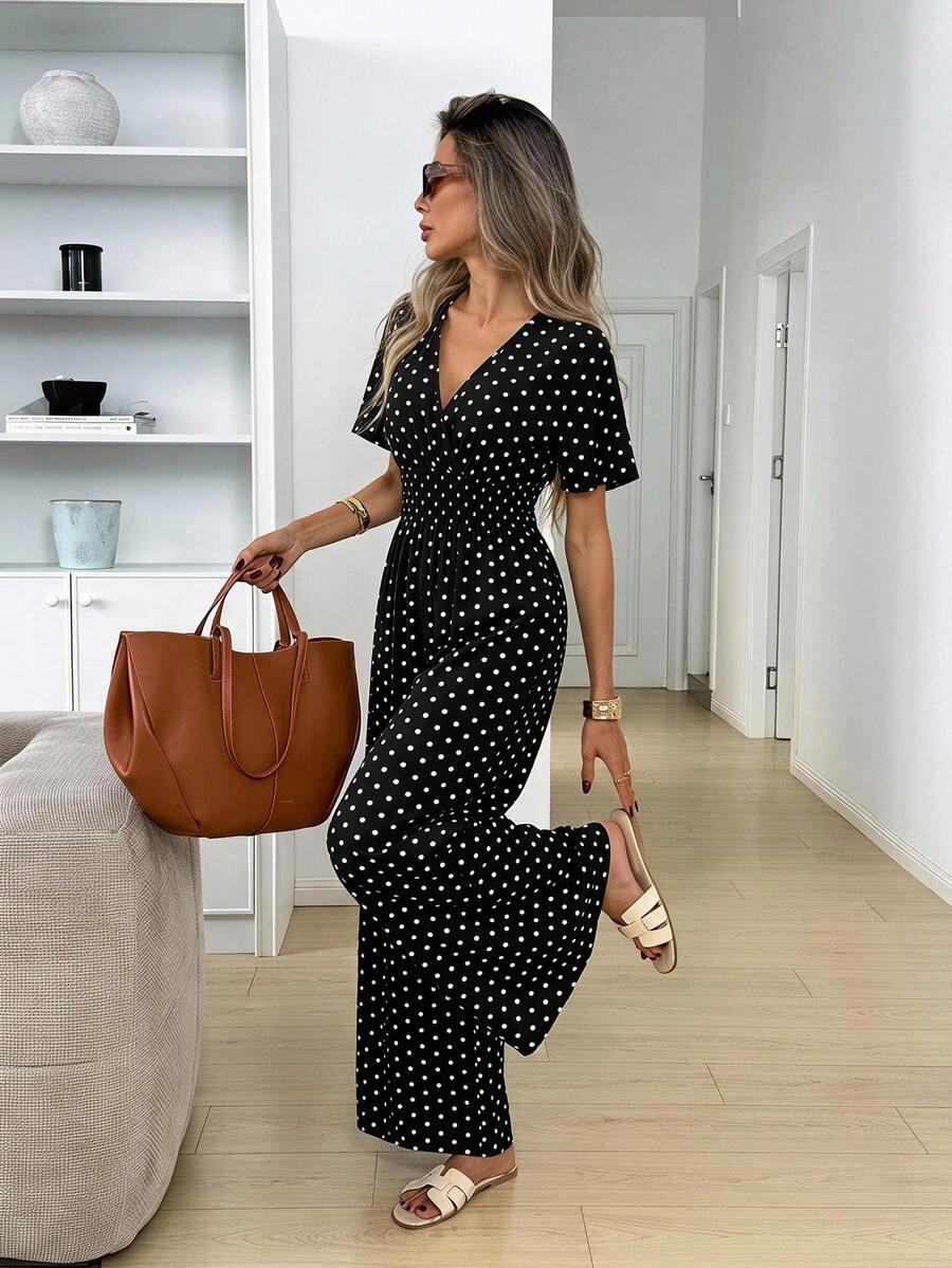 black and white polka dot v-neck jumpsuit