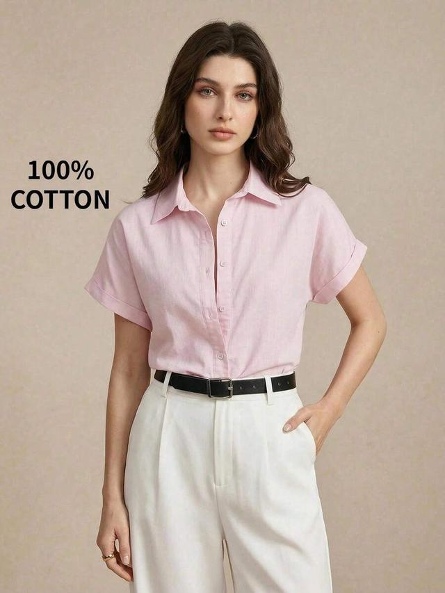 pink cotton short sleeve button up shirt