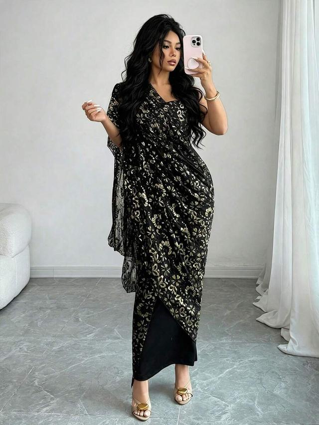 rafferiza black and gold lace shawl slip dress