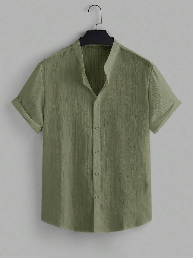 olive green textured cotton casual short sleeve shirt
