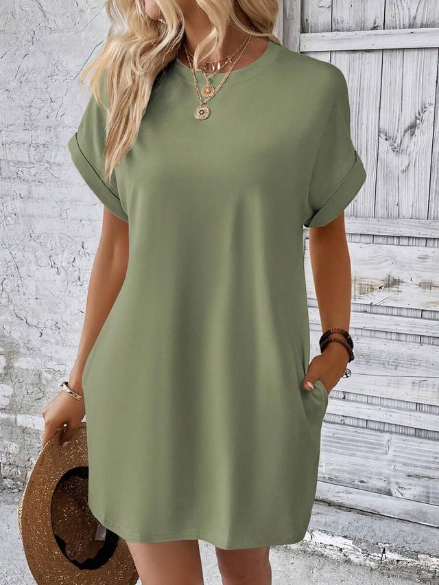 inawly loose-fit batwing sleeve solid color round neck dress