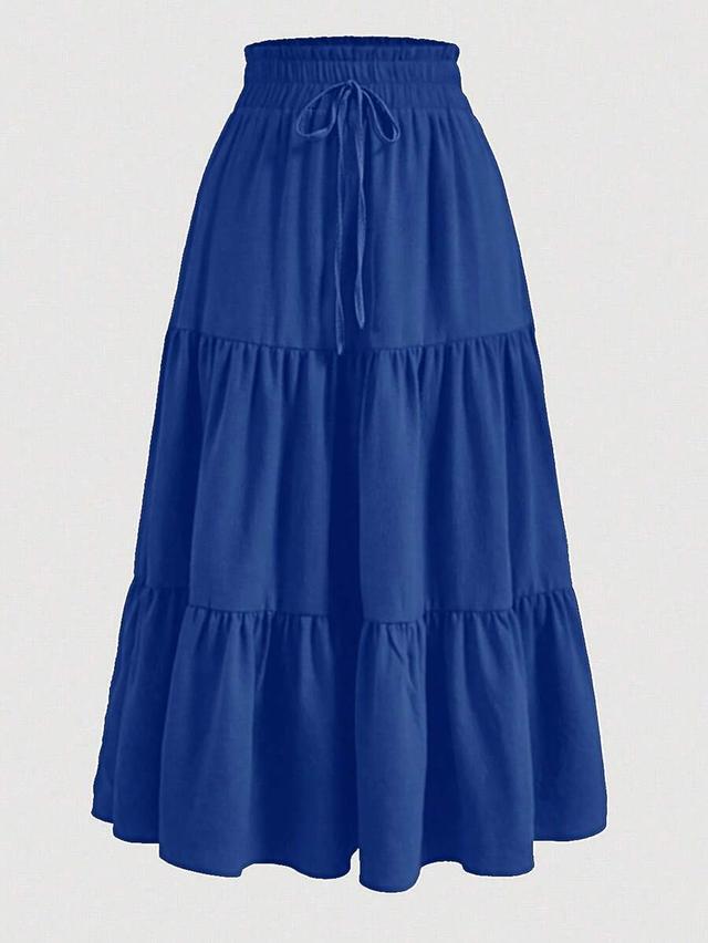 solid blue layered pleated elastic waist midi skirt