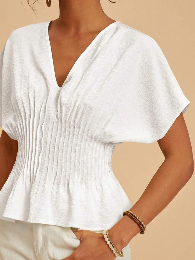 white v-neck ruffle waist batwing sleeve top