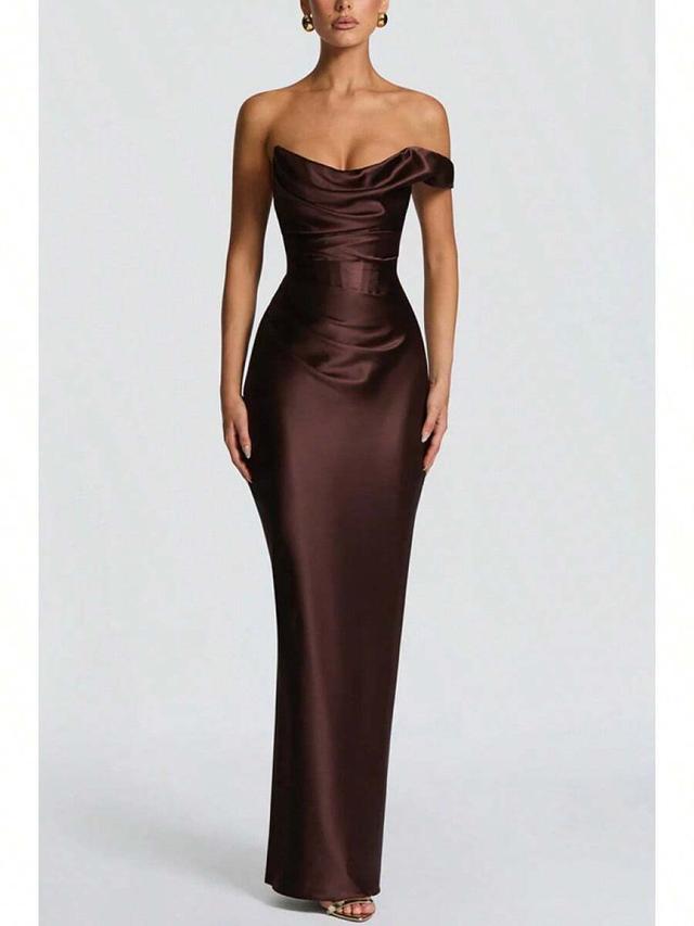 chocolate brown satin strapless cowl neck maxi dress