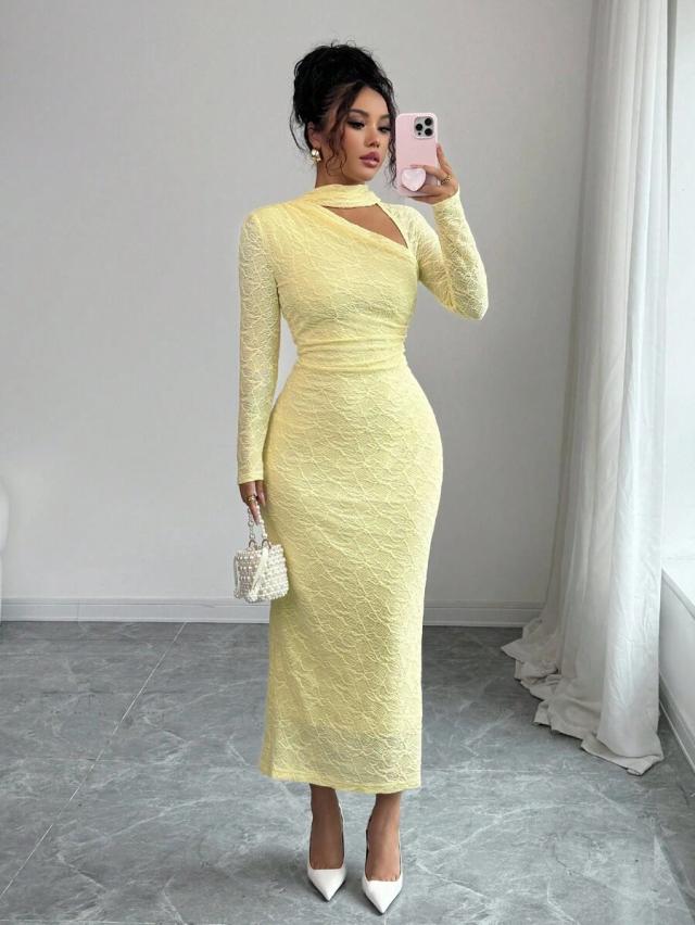 pale yellow long sleeve lace midi dress