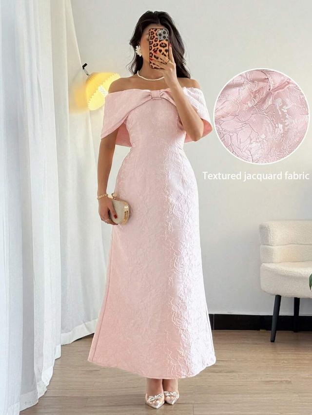 hot pink jacquard off-shoulder bow tie long dress