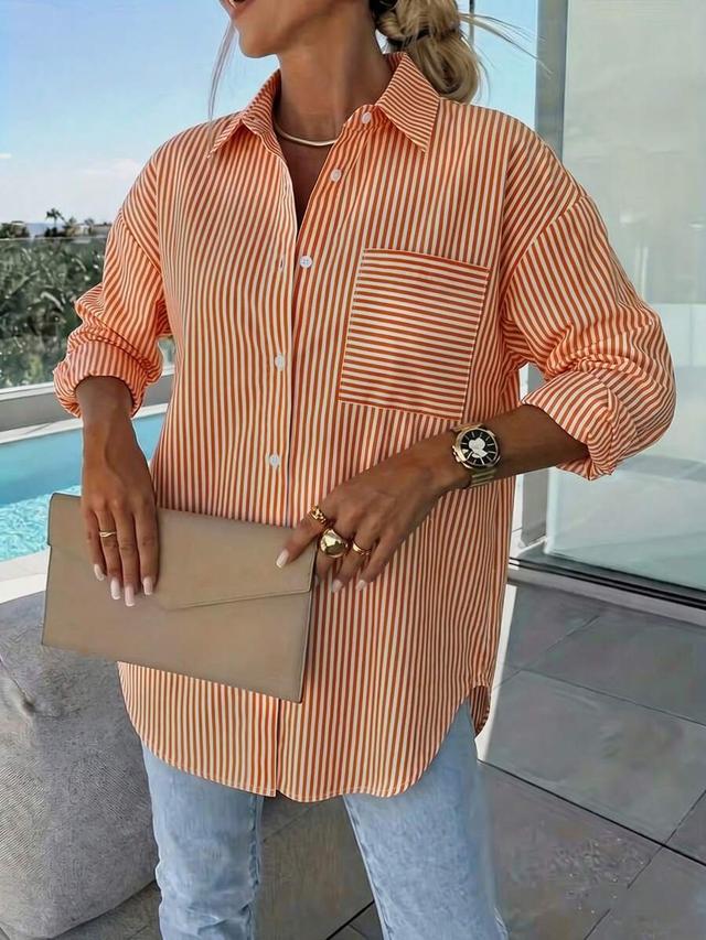 women's orange striped loose fit long sleeve shirt