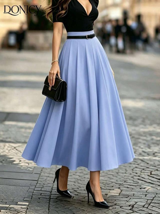 elegant purple high-waist pleated flare long skirt