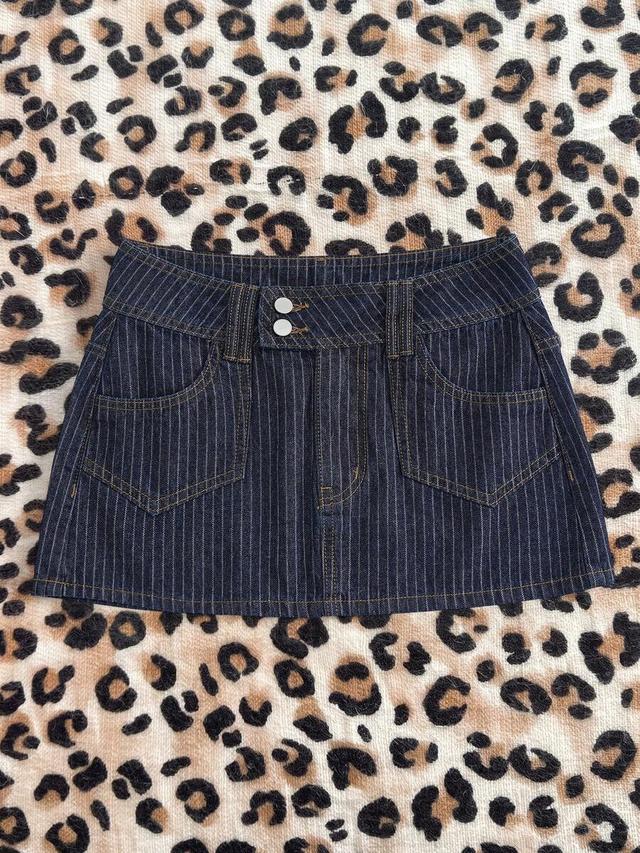 pinstripe denim mini skirt with double button closure