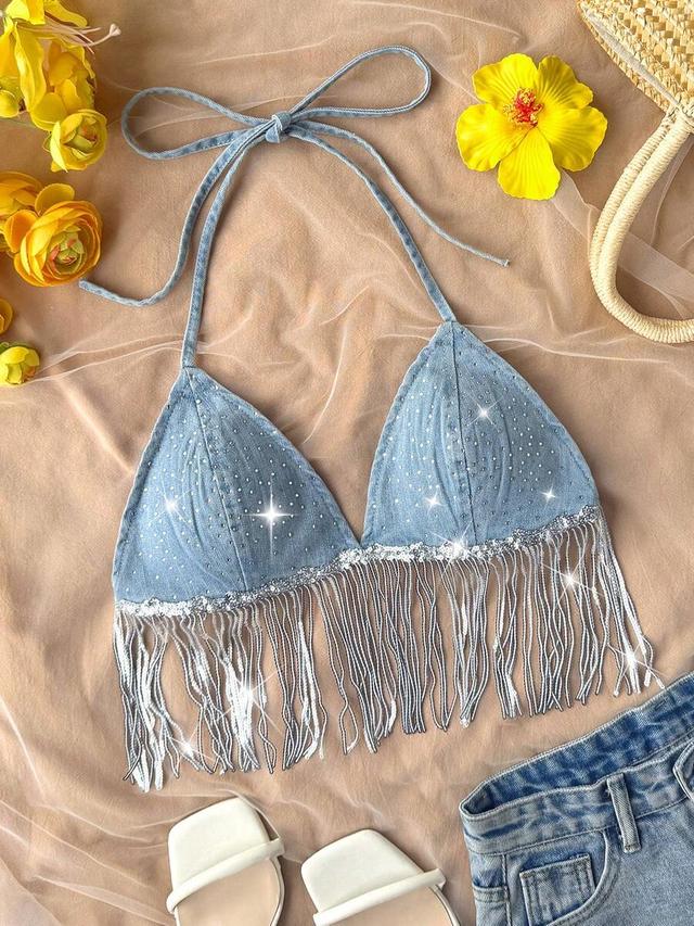 light blue denim rhinestone fringe halter crop top
