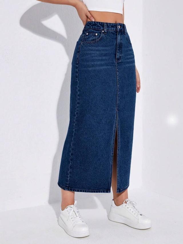 high-waisted dark wash denim midi skirt