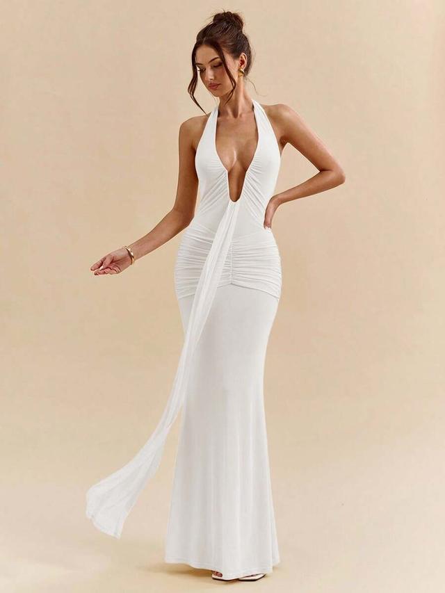 white halter neck ruched maxi dress