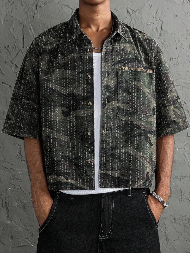 embroidered camouflage denim short sleeve shirt