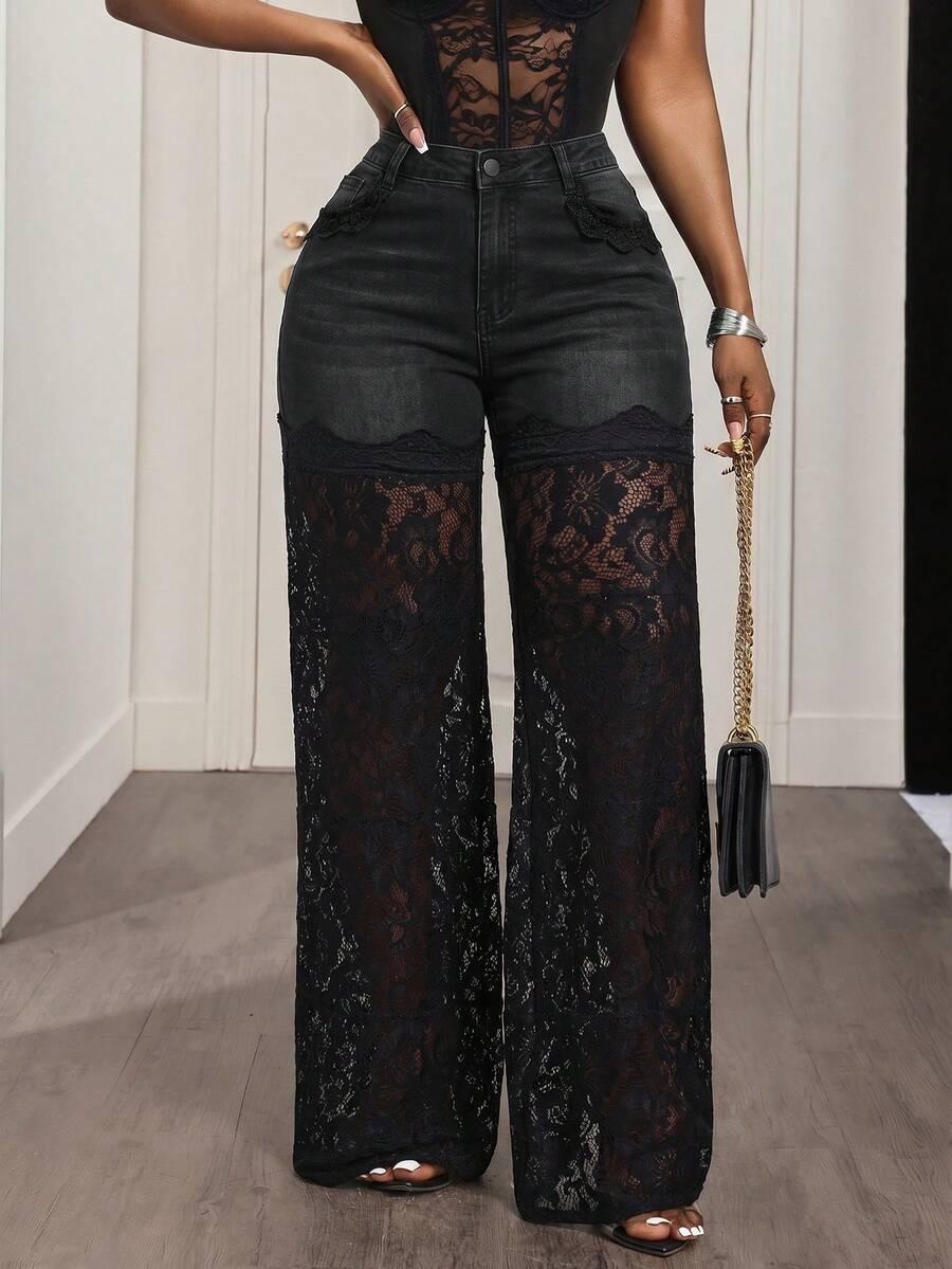 black denim jeans with lace patchwork leg panels