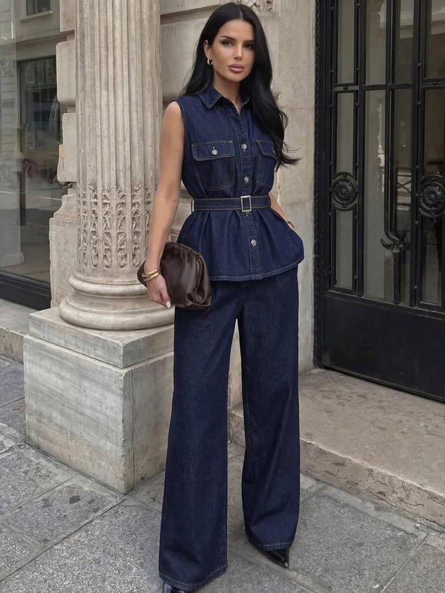 dark denim sleeveless belted top and wide leg trousers