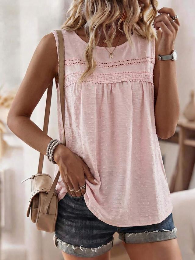 light pink swiss dot lace-trimmed sleeveless babydoll blouse