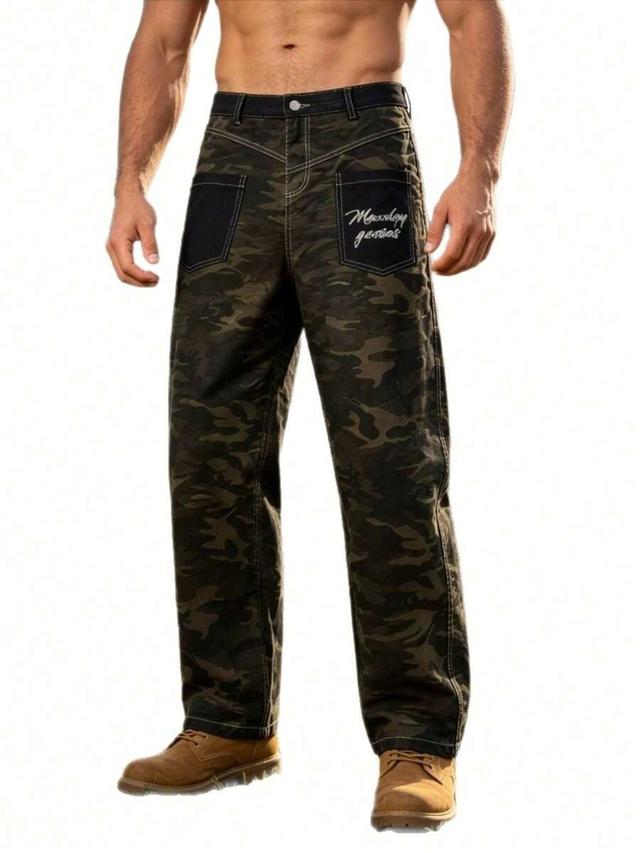 men retro camo straight fit cargo denim pants