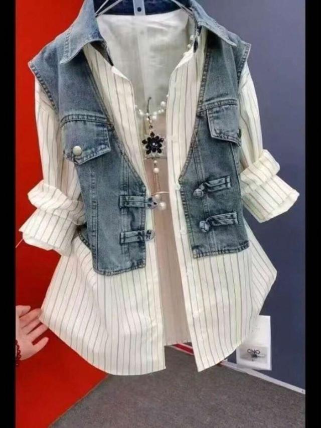 striped cotton shirt with integrated denim vest overlay
