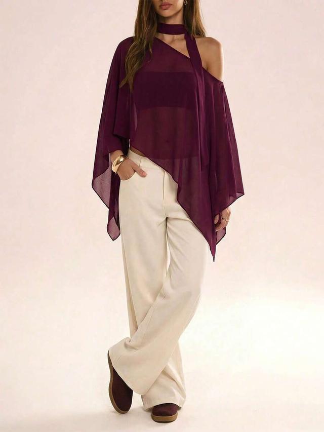 burgundy asymmetrical shoulder sheer chiffon poncho top