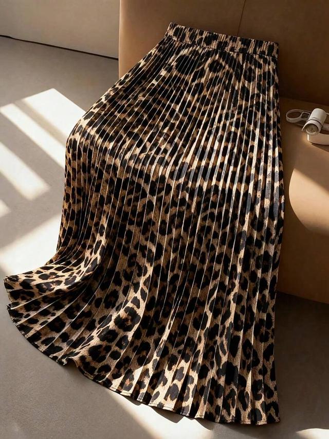 leopard print elastic waist pleated a-line skirt