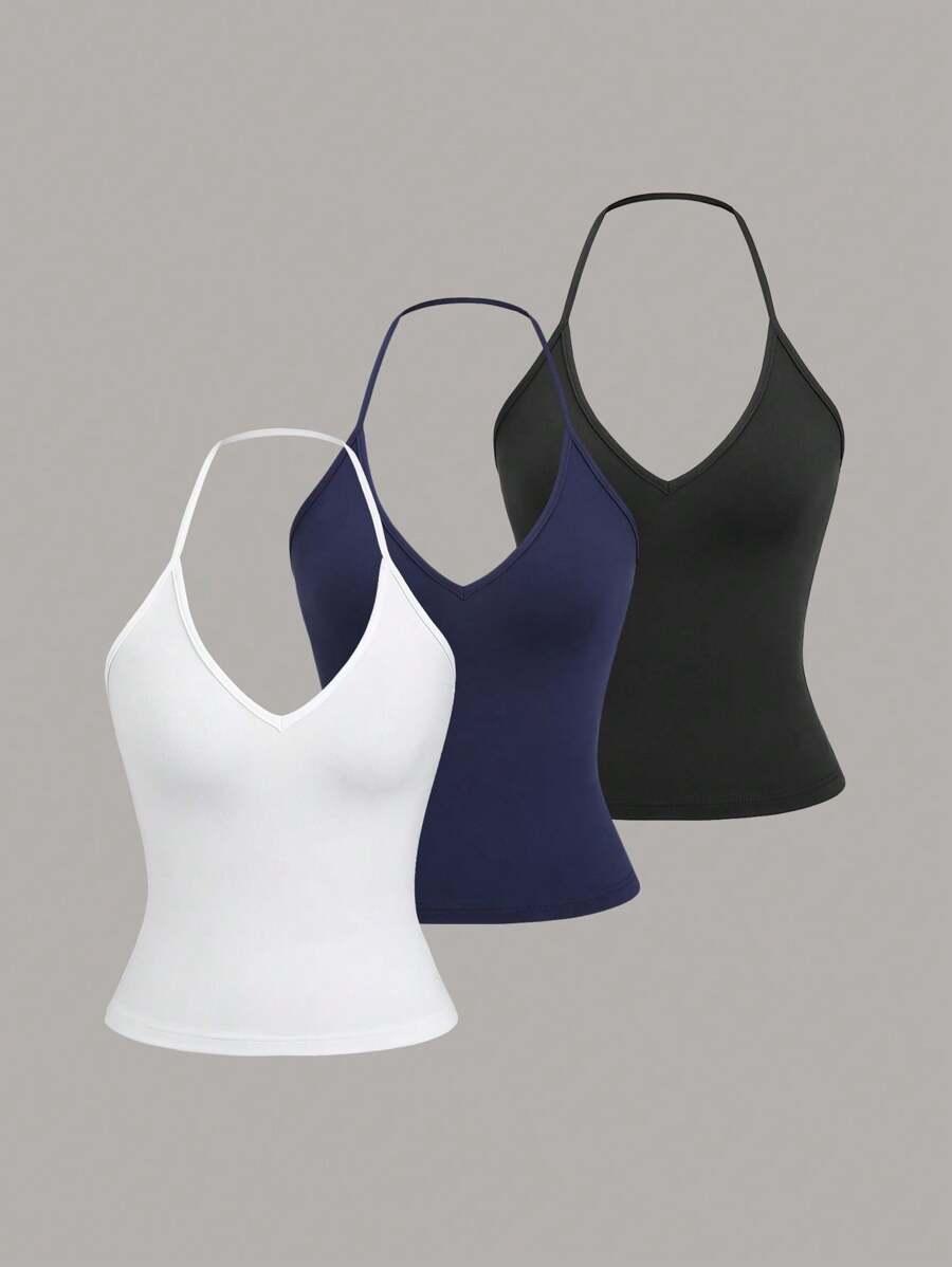 white casual solid color halter neck tank top set