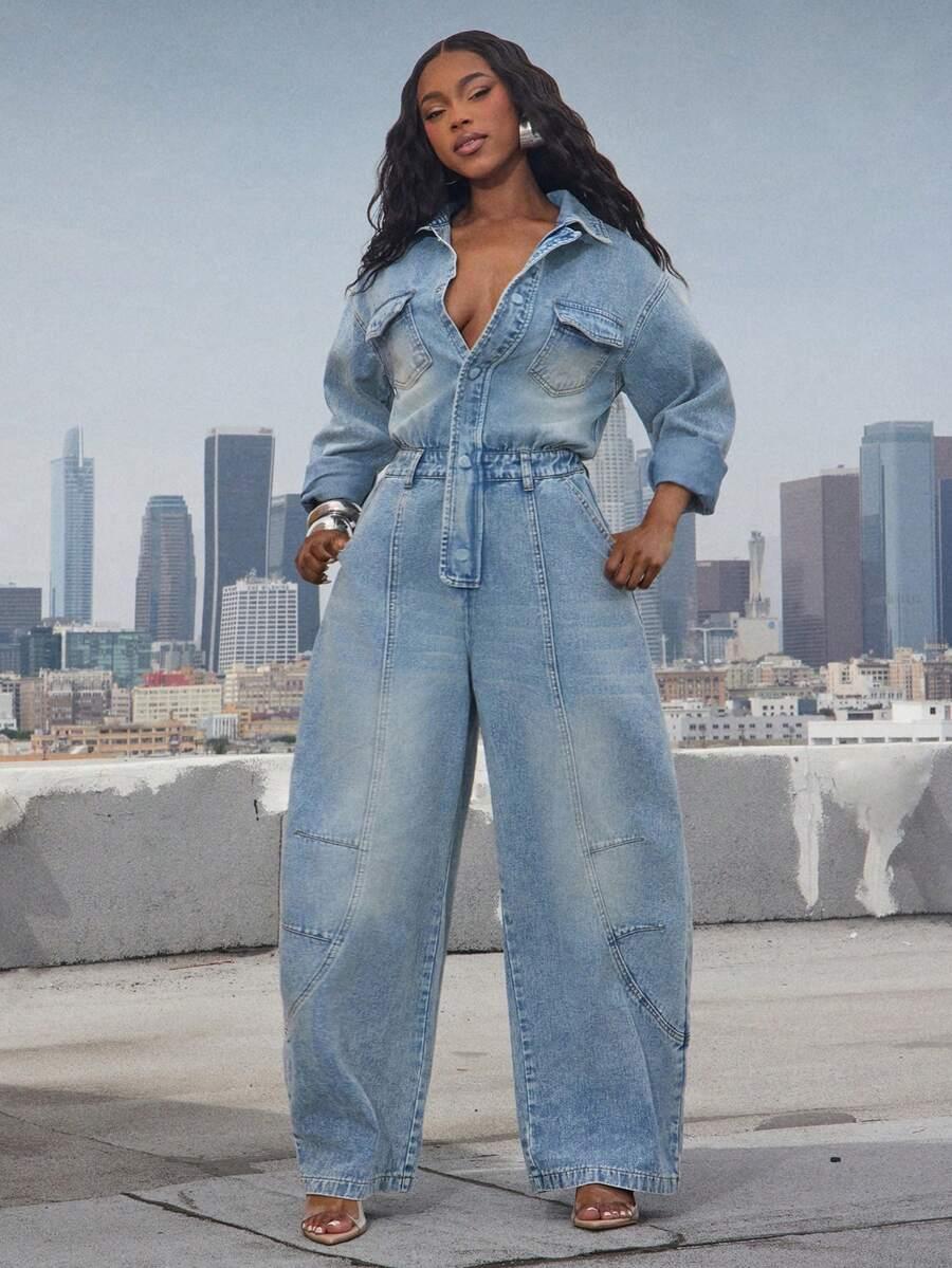 button front collared long sleeve barrel leg denim jumpsuit