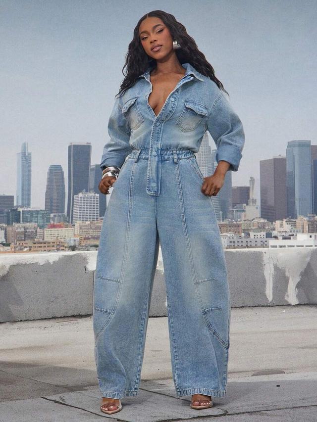 button front collared long sleeve barrel leg denim jumpsuit