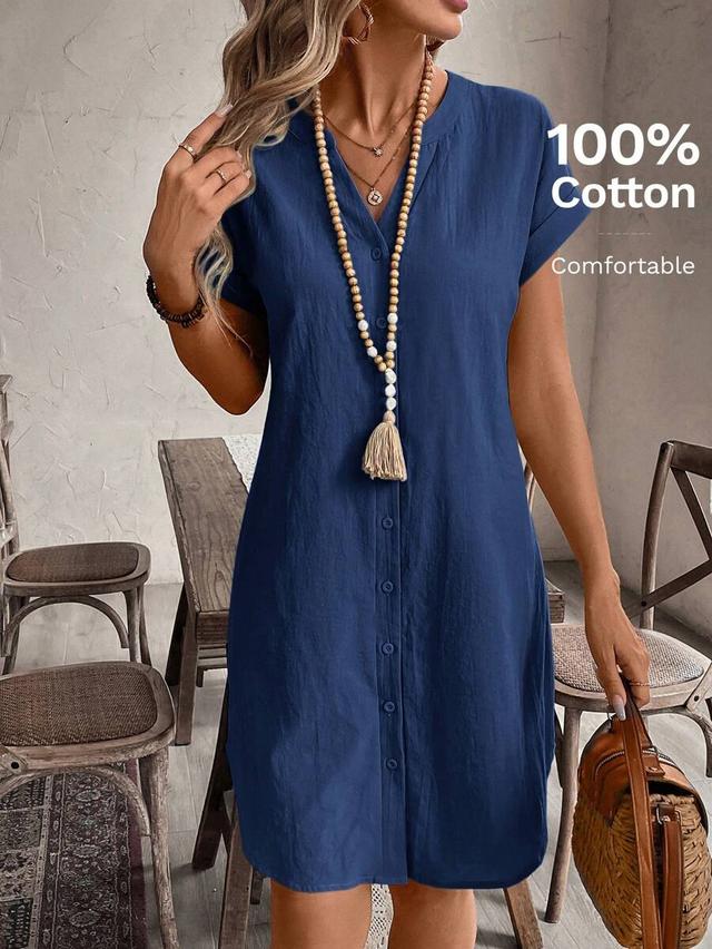 solid color v-neck short sleeve casual cotton dress