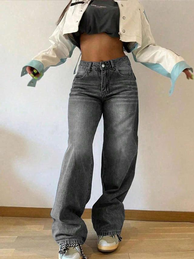 grey washed wide leg denim jeans