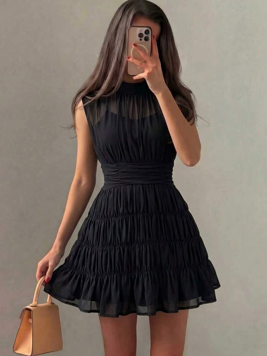 black chiffon shirred waist sleeveless party dress