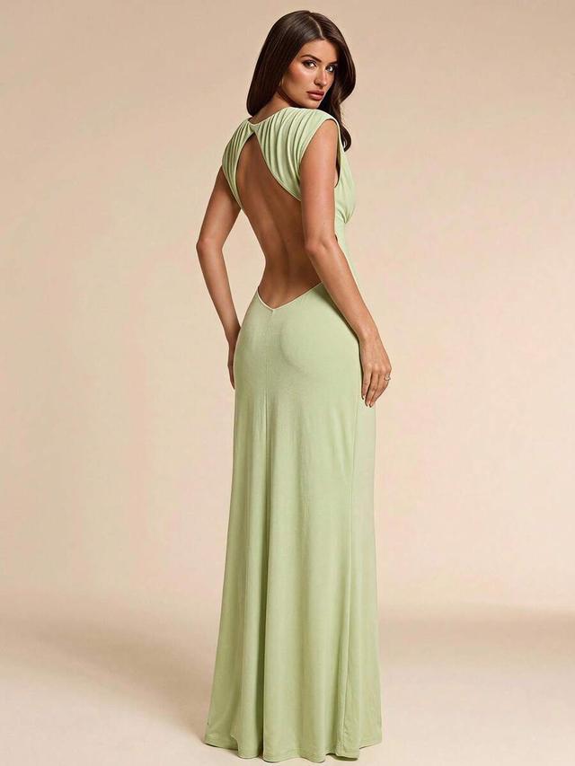 solid sage green deep v-neck backless elegant maxi dress