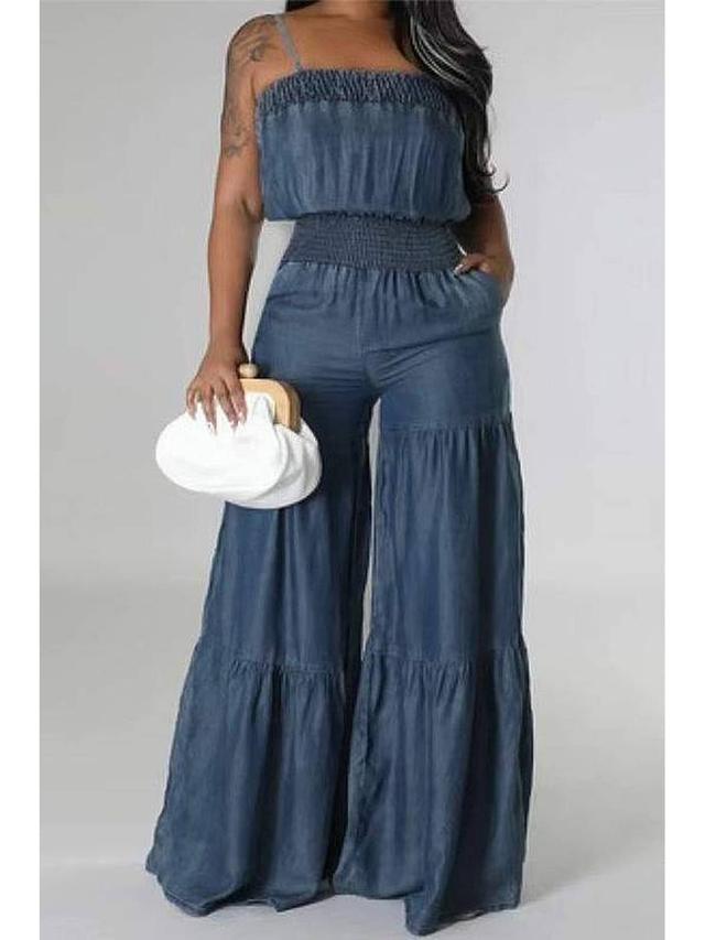 smocked denim wide leg jumpsuit