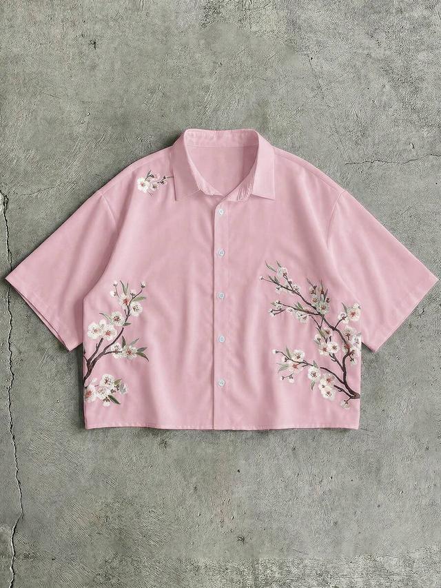 pink floral embroidered short sleeve casual shirt