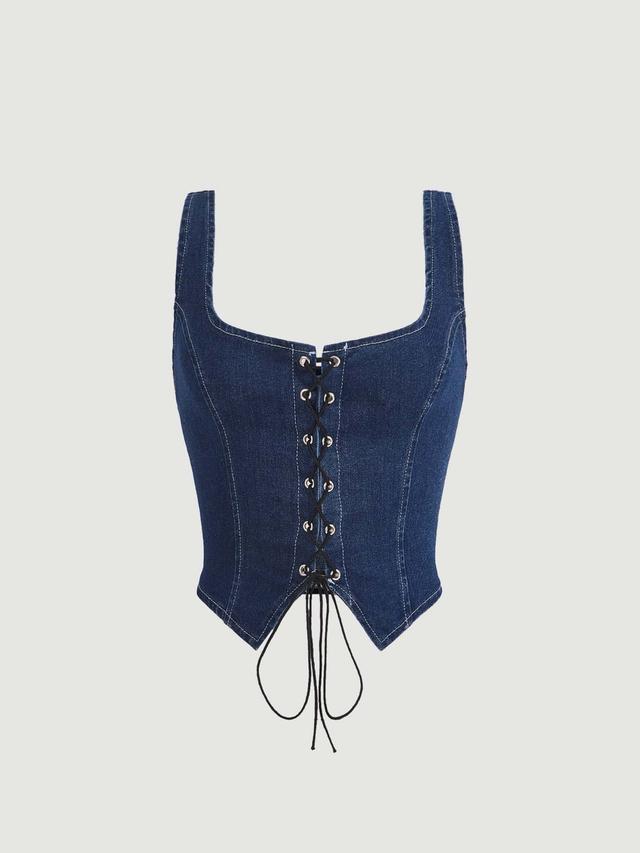 lace up front asymmetrical hem denim corset top