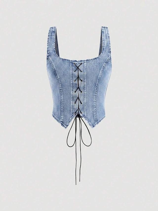 vintage wash denim lace up corset top