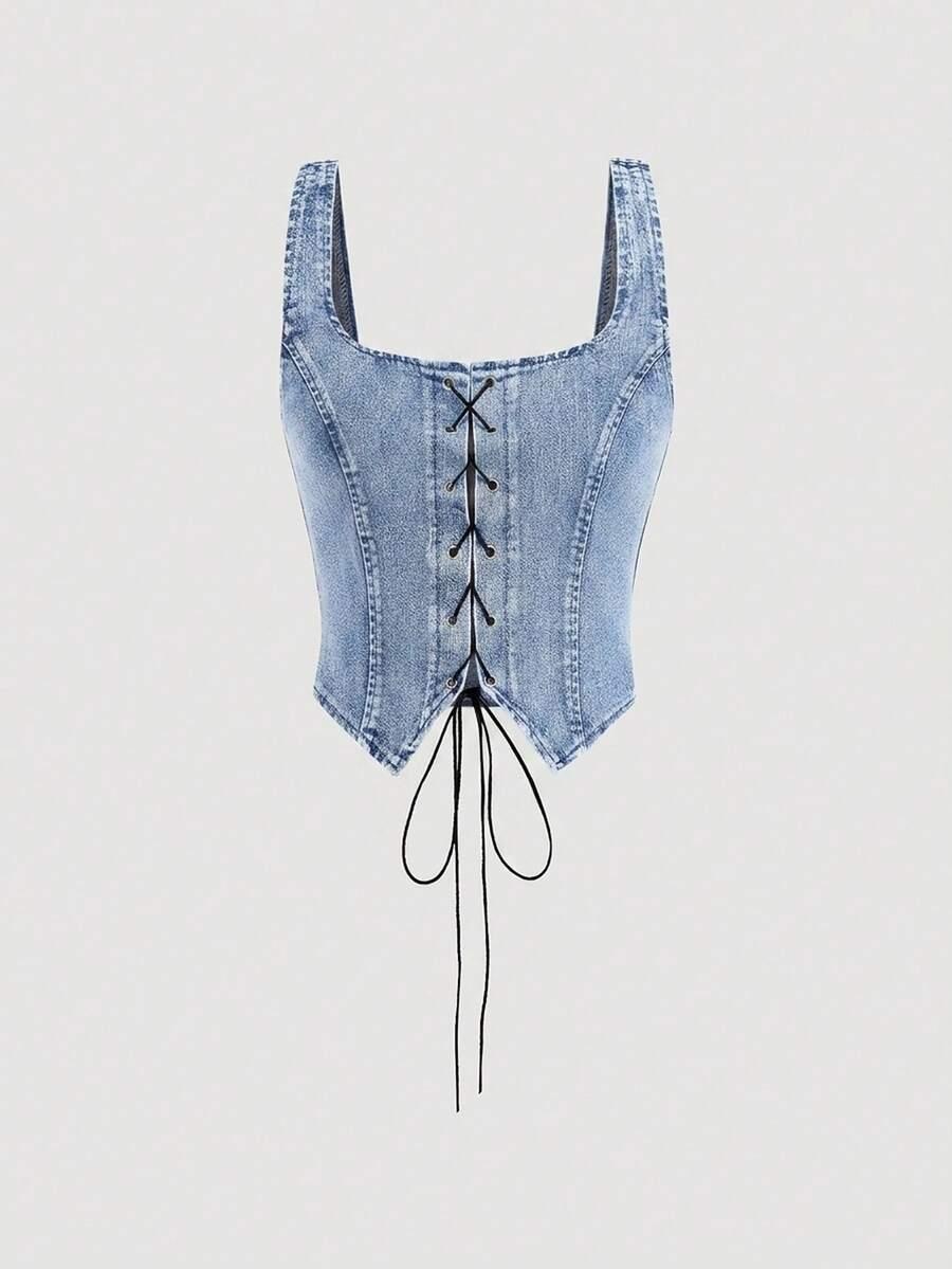 vintage wash denim lace up corset top