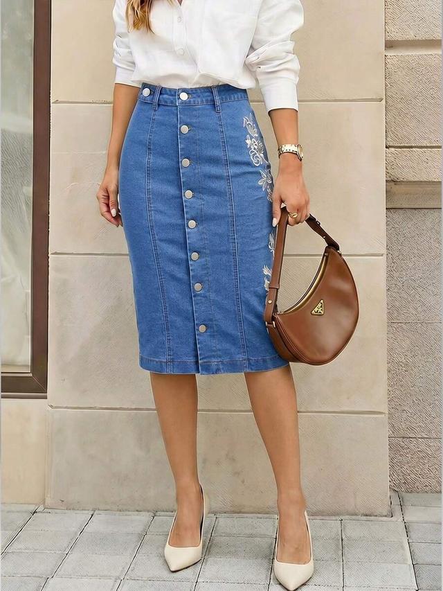 floral embroidered single-breasted denim midi skirt