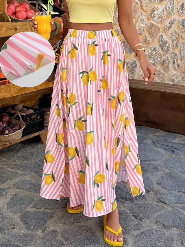 casual striped colorful fruit print a-line beach skirt