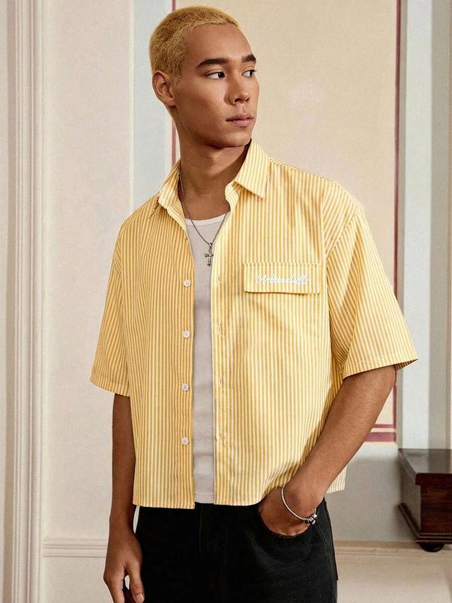 yellow striped short sleeve button up shirt
