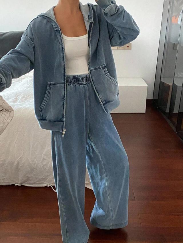 acid wash hooded zip-up and wide leg trousers set