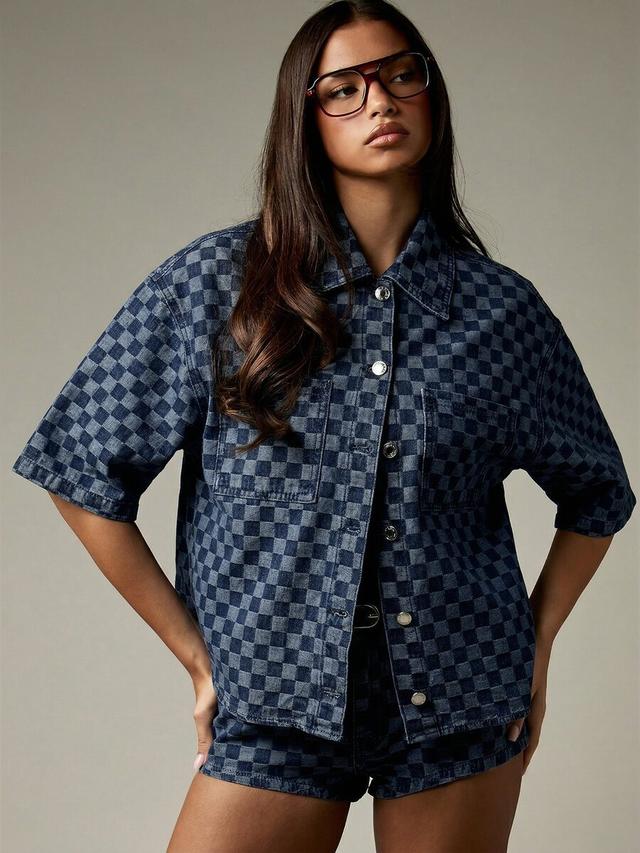 checkered denim short sleeve button up shirt
