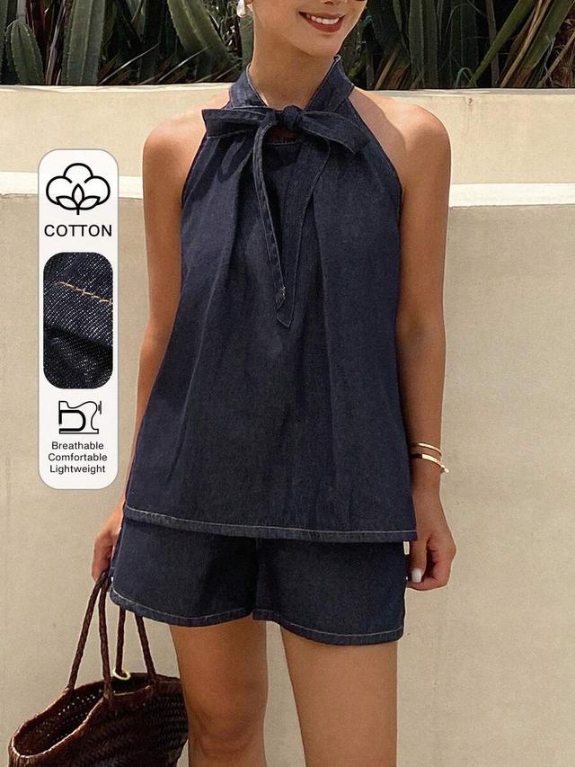 dark blue denim halter neck tie-up blouse