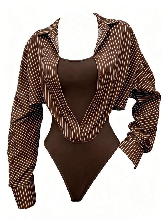 brown striped long sleeve shirt 2 in 1 bodysuit