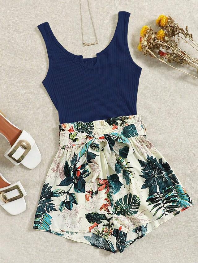 navy blue ribbed tank tropical print paperbag romper