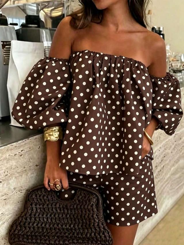 brown polka dot off-shoulder lantern sleeve top and shorts