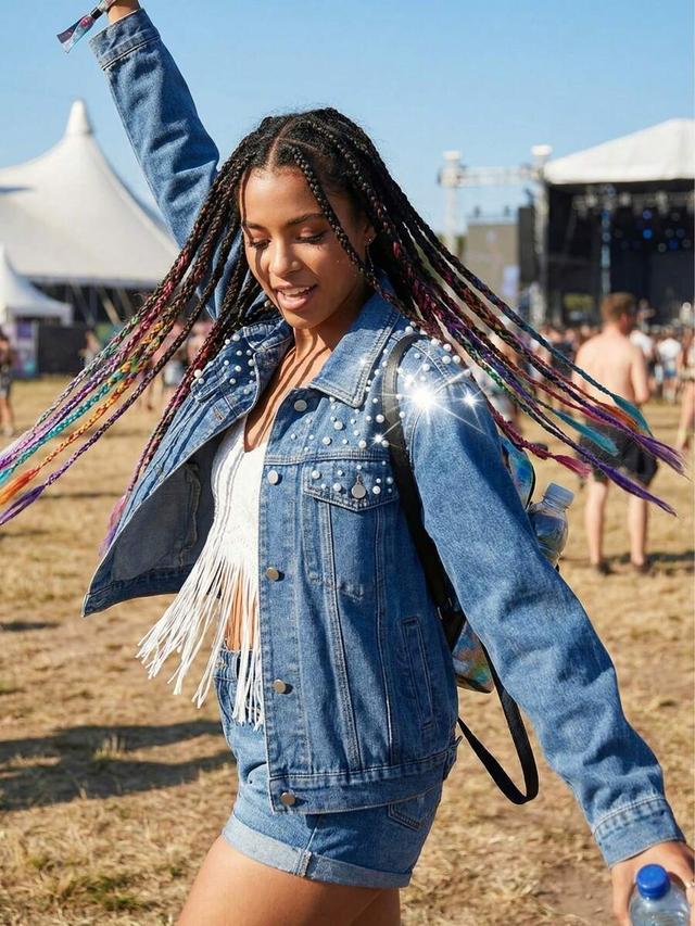 denim jacket with pearl embellishments