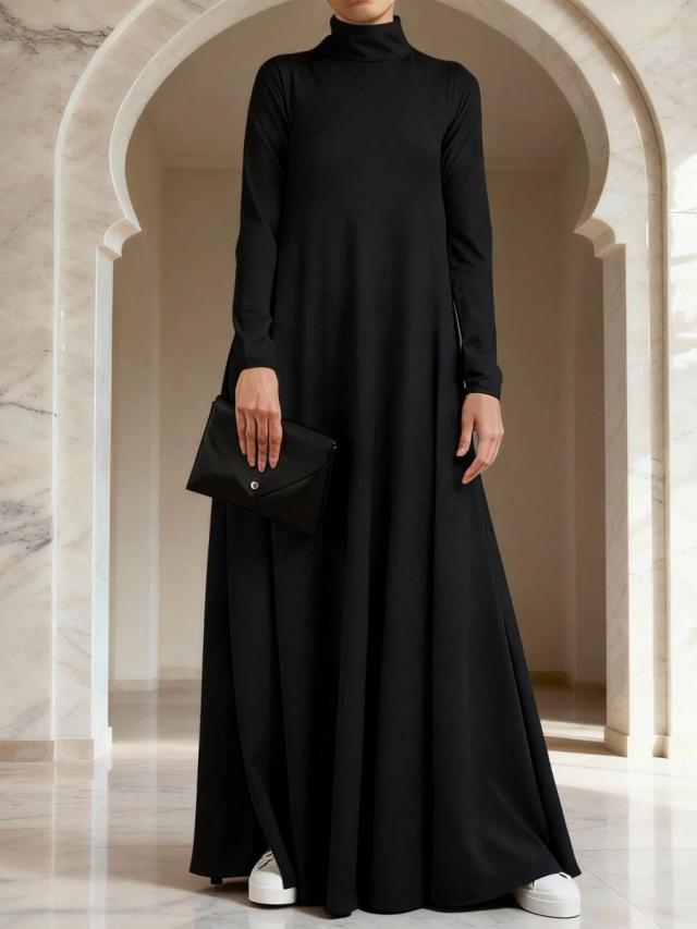 solid high neck long sleeve black casual dress