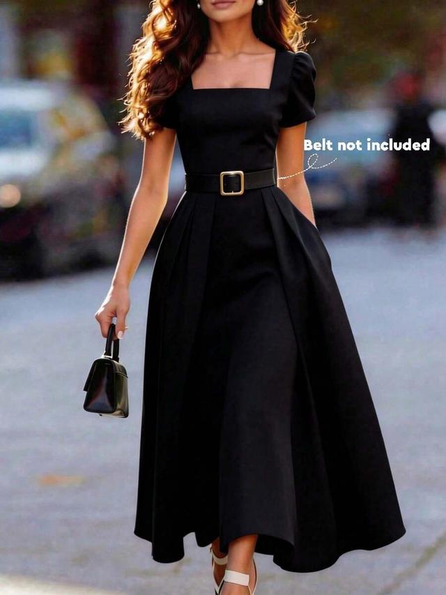 elegant solid black square neck midi dress