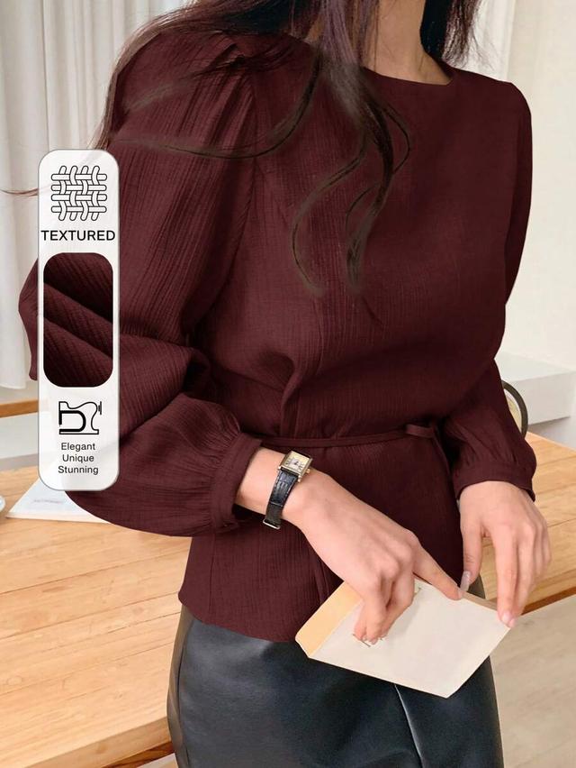 burgundy textured round neck puff sleeve blouse