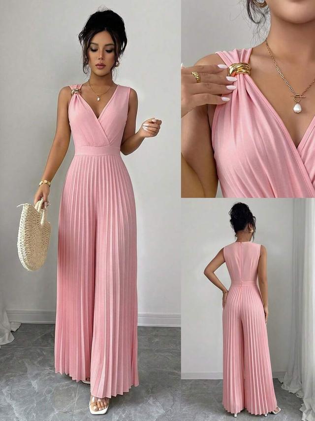 pink sleeveless pleated jumpsuit with gold ring detail
